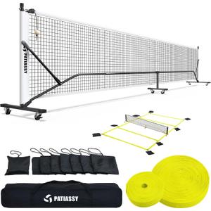 Pickleball Net Set with Wheels and Pickleball Court Marking Kit 22 FT Regulation Size Portable Pickleball Nets with Net Tension Adjuster, 8 Sandbags for Outdoor Indoor Driveway (White)