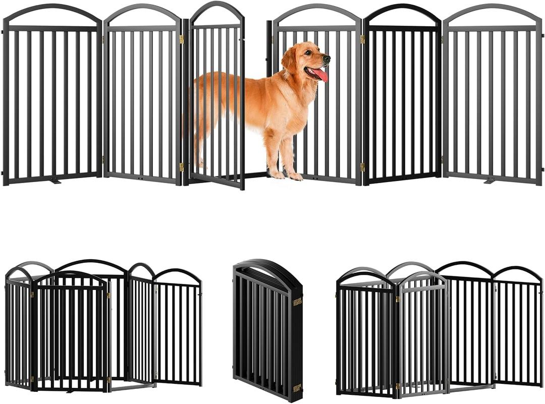SNUOWU 6 Panels Full Matel Freestanding Dog Gates with Door, 144"Extra Wide 36"Tall Free-Standing Dog Pet Gate for Indoor & Outdoor. Foldable Pet Fences for Doorways, House, Stairs, Porch, Deck, Yard