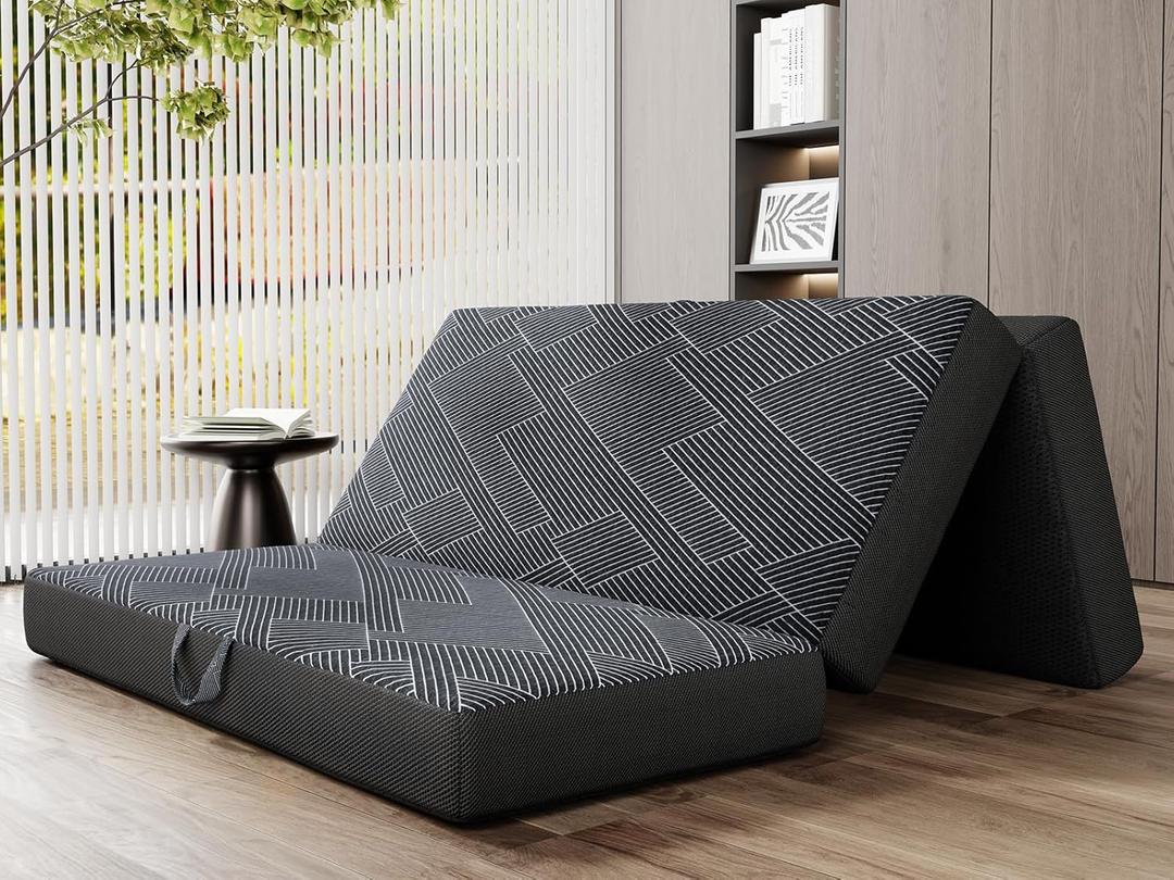 Vamcheer Tri Folding Mattress Full Size - 6 Inch Foldable Mattress Portable Tri-fold Memory Foam Mat, Handle & Non-Slip Bottom with Washable Cover for Travel RV Camping Guest, 73"x52"x6", Grey