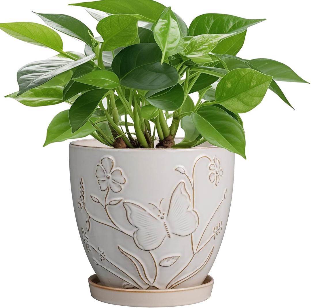 6 Inch Ceramic Plant Pot for Indoor Plants Outdoor Round Planter Flower Pot with Drainage Hole and Saucer for Home Garden Office Decor White (6 Inch, Butterflies and Flowers White)