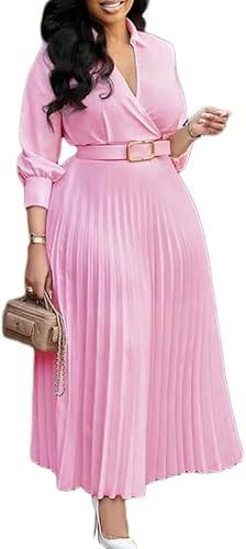 Elainone Women’s 3/4 Sleeve Flared A Line Dress Wedding Guest Casual Semi Formal Office Lady Dresses with Belt, M