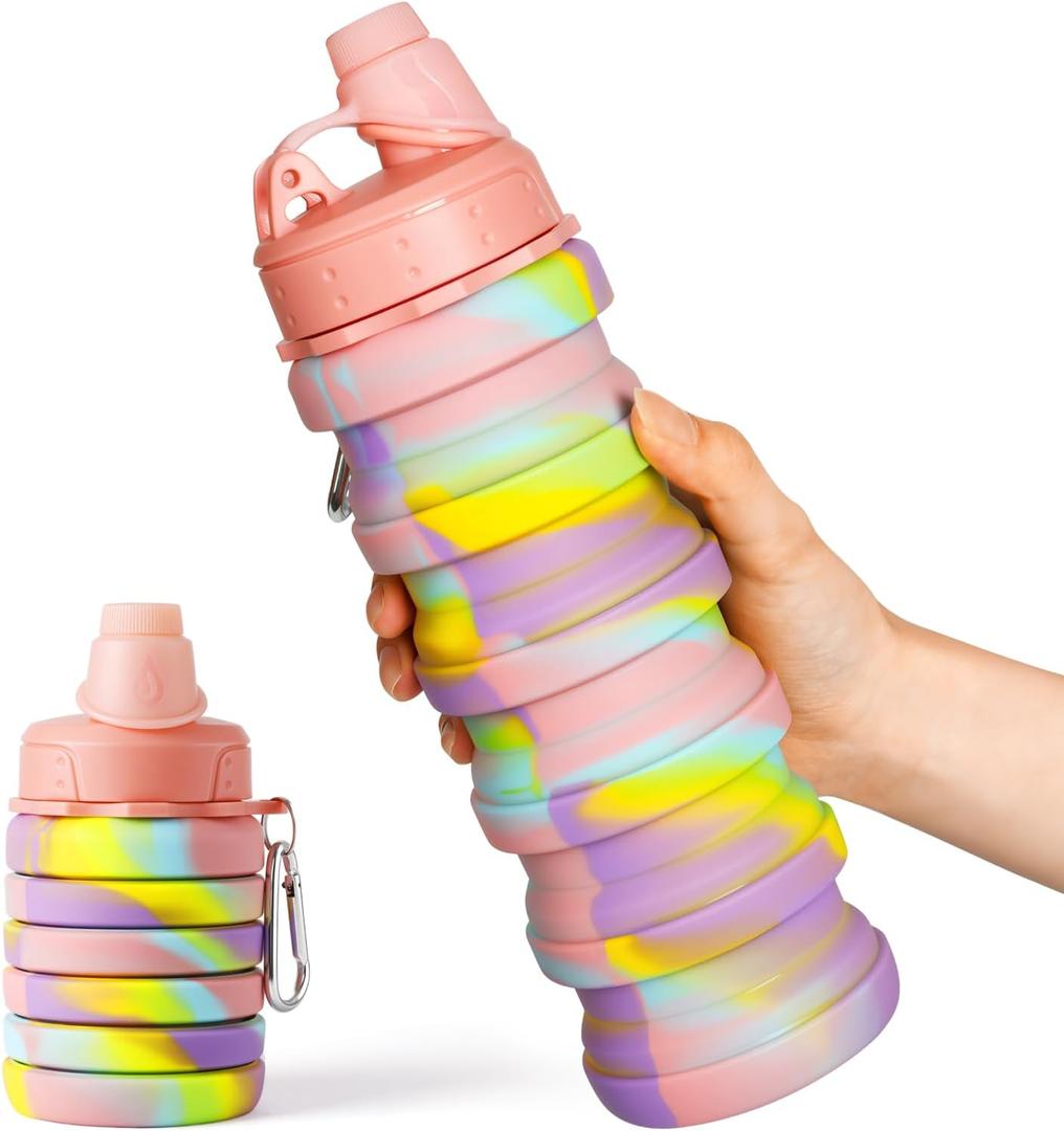 Collapsible Water Bottles for Travel, Foldable Sports Water Bottle for Kids, Reusable Water-proof Silicone Water Bottles with mountaineering Buckle for Camping Hiking Holiday (Pink)