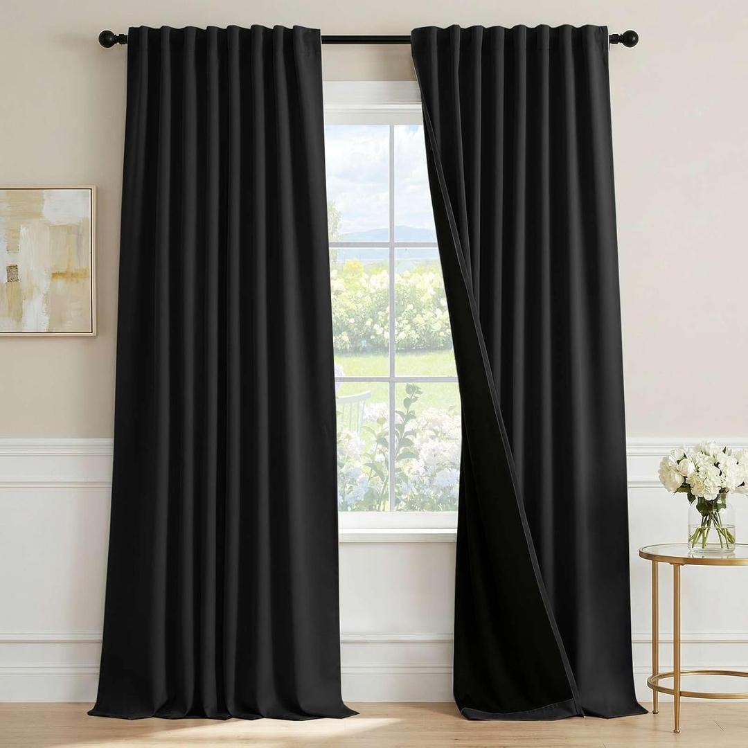 H.VERSAILTEX Blackout Curtains 96 Inch Length 2 Panels Set for Living Room Bedroom, Back Tab Pinch Pleated Thermal Insulated Room Darkening Light Blocking Curtains with Hooks, Black