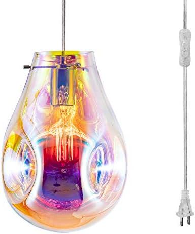 Plug in Pendant Light with Cord E26 E27, Modern Glass Handblown Colorful Hanging Lights with Plug in Cord for Kitchen Island Living Room Dining Room Restaurant