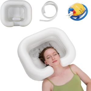 Inflatable Shampoo Basin, Portable Shampoo Bowl with Neck Support Drain Hose for bedridden People, Shampoo Sink for Those Elderly Disabled Pregnant Women Injured (Cream White)