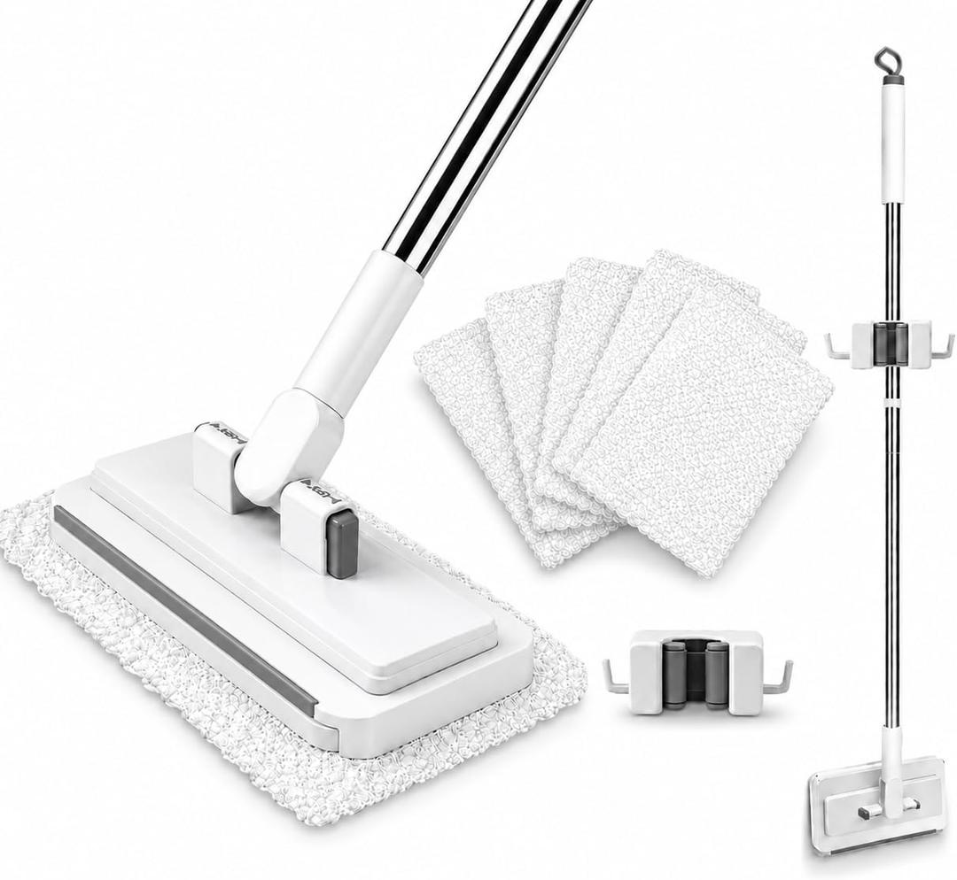 Hands Free Flat Mop with 5 Reusable Pads, One-Click Cloth Release, 53-Inch Extendable Stainless Steel Handle, Microfiber Mini Mop with Wall Holder for Hardwood, Tile, Bathroom, Kitchen and Glass