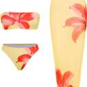 ZAFUL Womens 3pcs Swimsuit Floral Print Bandeau Bikini Set Triangle Bottom with Long Sheer Cover Up Skirt (Large, Yellow)