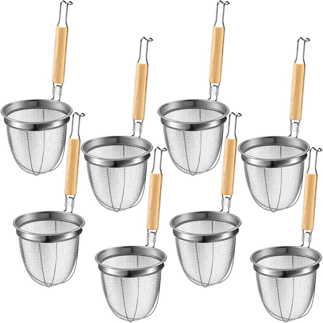 Patelai 8 Pcs Pasta Strainer Basket 5.5"x5.5" Stainless Steel Noodle Strainer with Wood Handle Kitchen Round Base Mesh Spider Basket Skimmer Food for Pasta, Ramen, Dumplings, and Deep-fried Foods