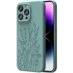 OAOA Magnetic Engraved Case Compatible with iPhone 14 Pro, Compatible with Magsafe, Camera All-Round Protection, Slim Liquid Silicone Phone Case for Women Girls, Midnight Green Flower