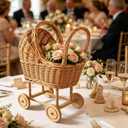 Vintage Wicker Stroller-Style Flower Basket with Wheels,Woven Rattan Stroller Shaped Flower Basket,Perfect for Wedding Party Flower Decorations and Gifts for New Parents