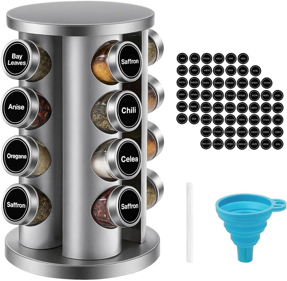 360 Rotating Spice Rack with 16 Glass Jars  Stainless Steel Countertop Seasoning Organizer with Airtight Lids, Labels, Funnel & Gift Box  Kitchen Storage for Herbs & Spices