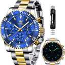 OLEVS Mens Watches Chronograph Luxury Dress Moon Phase Quartz Stainless Steel Waterproof Luminous Business Calendar Wrist Watch (two tone blue)