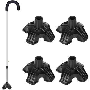 4 Pack Cane Tips, Crutch Tips Self Standing Cane Base for Most Walking, Non-Slip Replacement Rubber Cane Tip, Heavy Duty 4 Prong Rubber Cane Foot Pad (Black)
