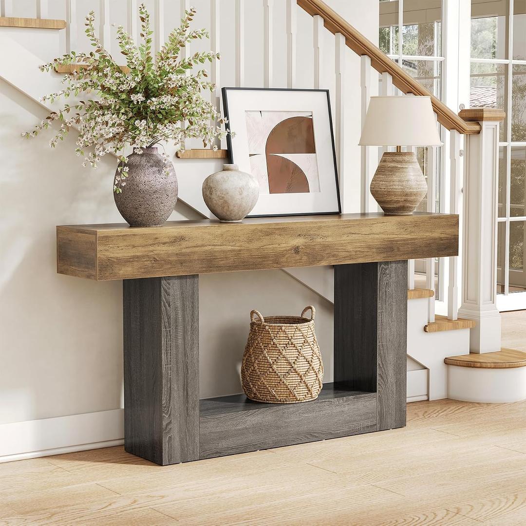 LITTLE TREE 63 Inches Long Console Table, 2-Tier Farmhouse Sofa Table Behind Couch, Large Narrow Entryway Table for Living Room, Wooden Hallway Foyer Table with Heavy Duty Base, Rustic Brown and Grey, 63 inches x 11.81 inches x 32.28 inches