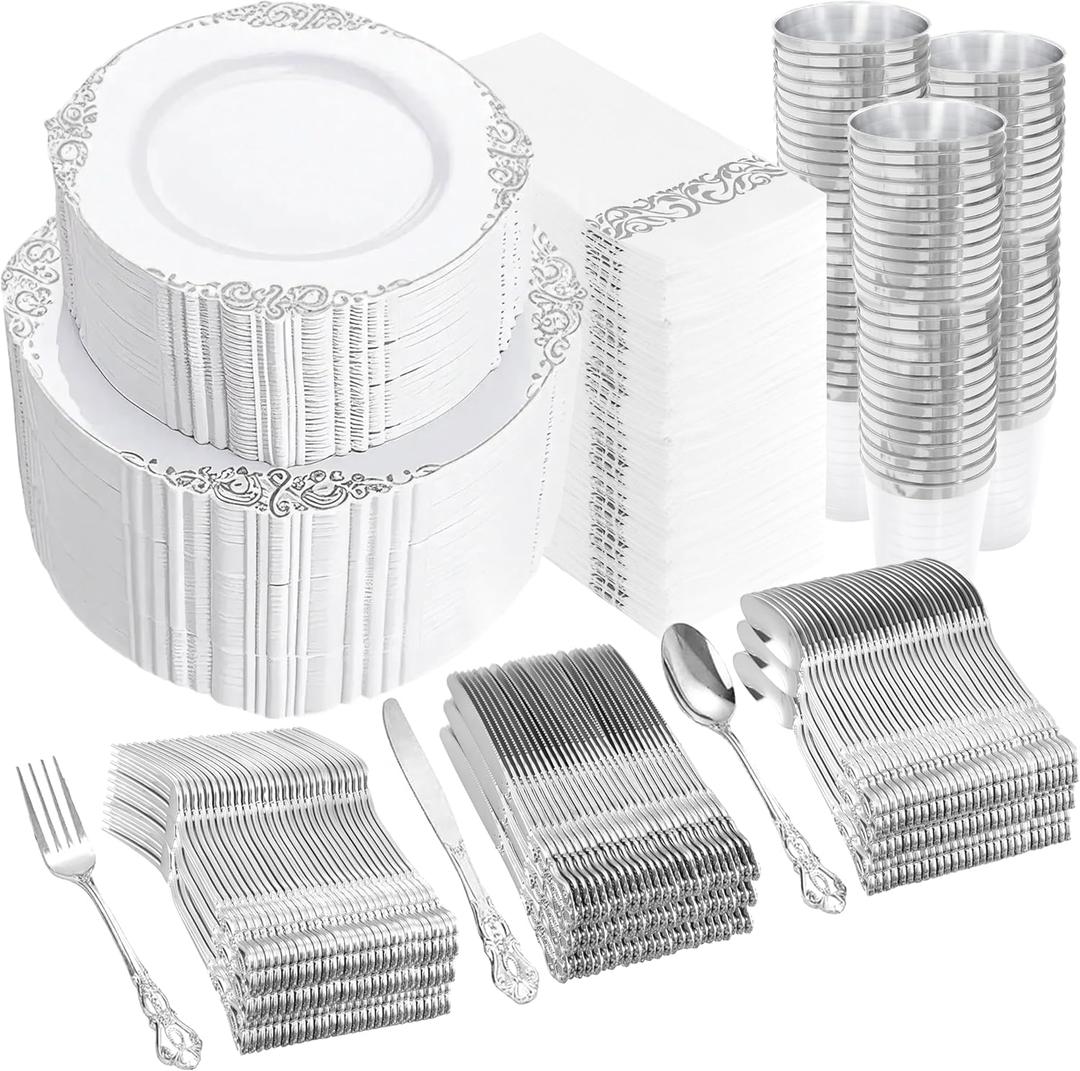 YOUBET 700PCS White and Silver Plastic Dinnerware Set for Wedding Party
White and Silver Disposable Plates Include 200 Plates, 300 Heavy Duty Silverware, 100 Cups and 100 Napkins