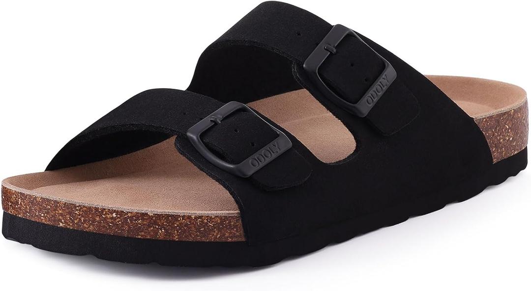 Unisex Cork Footbed Slide Sandal, Arch Support Summer Outdoor Sandals with Adjustable Buckle for Women and Men (8-8.5 Women/6.5-7 Men, Black)