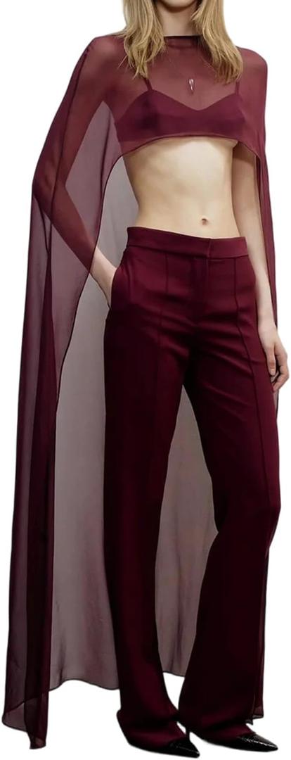 Women Long Chiffon Shawl For Evening Dresses Mesh Sheer Cape Shrug Cover Up Dress Party Poncho Top Elegant Capelet