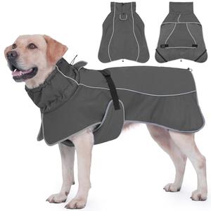 HezzLuv Dog Raincoat, Waterproof Dog Coat with Reflective Straps, Leash Hole & Polar Fleece Lining, Winter Snow Rain Coat, L