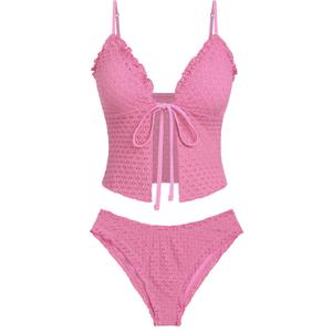 seamoly Women's Tankini Sets Tie Front Ruffle Bikini Set High Cut Thong Two Piece Swimsuit Floral Gingham Bathing Suit, L