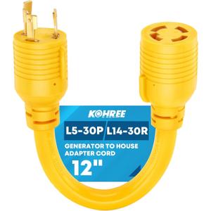 Kohree NEMA L5-30P to L14-30R Adapter Cord, 3 Prong to 4 Prong Generator Adapter, STW 10 AWG 12", 30 Amp L5-30P Male Generator to L14-30R Transfer Switch Female Adapter, Yellow