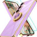 Gritup for Samsung Galaxy S25 Case: with 2Pcs Screen Protector, 360 Rotation Ring Holder Magnetic Kickstand, Plating Gold Edge Soft TPU Shockproof Protective Cover for Galaxy S25, Light Purple