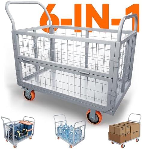2000lbs Platform Truck Cart with Cage, 6-in-1 Foldable Heavy Duty Hand Truck Flatbed Cart with 6" Swivel Casters, Multi-Functional Push Dolly for Grocery, Laundry, Warehouse, Storage