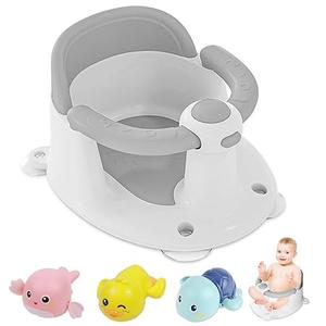 Baby Bath Seat for Babies 6 Months & Up, Bath Seats for Babies Sitting Up, 3 Baby Bath Toys, Open Design, Non-Slip, Compact Toddler Bath Seat, Grey 