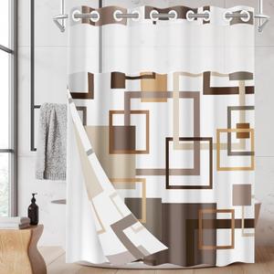 No Hook Brown Geometric Vintage Checkered Shower Curtain with Snap in Fabric Liner Set, Double Layers Waterproof Fabric with See Through Top Window Open Grommet Bath Curtain 71x74 Inch