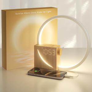 Vivilumens Sunrise Alarm Clock Sound Machine Nightlight, Gradual Wake Up Light, Digital Dimmable Clock, 10 White Noise Sleep Sounds, Snooze, Dual Clocks for Heavy Sleepers Adults, Great Gifts for Her (New Wood Grain)