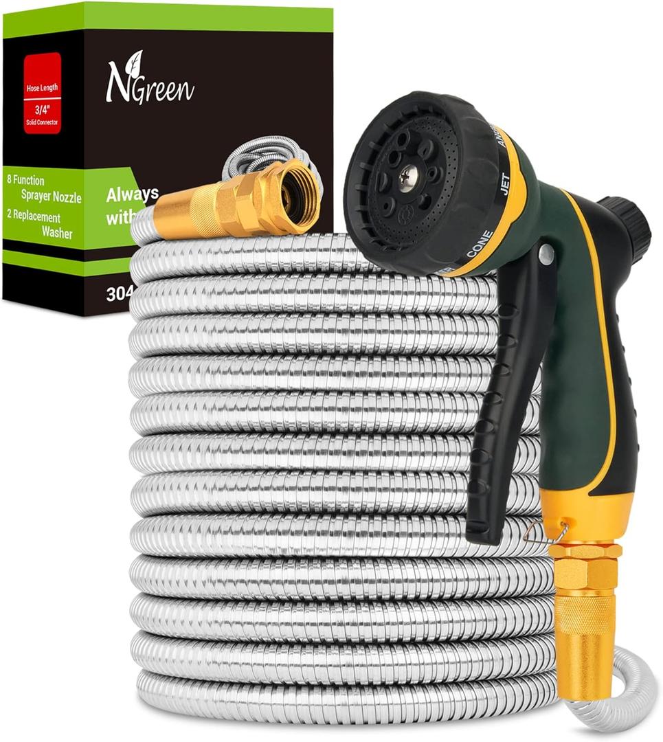 NGreen Stainless Steel Garden Hose - Flexible Metal Water Hose with Nozzle, Puncture, Rust Proof and Corrosion Resistant, Never Kink and High Pressure, Collapsible and Easy to Store (75FT)