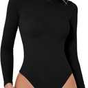 QINSEN Women's Seamless Long Sleeve Bodysuit Crew Neck Basic Stretch T Shirt Top (Medium, Black)