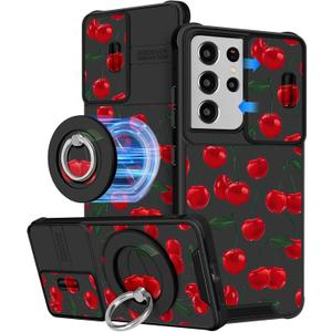 Buleens for Samsung Galaxy S21 Ultra Case 6.8 Inch - with Ring Stand & Camera Cover Aesthetic Cute Designed Women Girls Girly Kawaii Cherry for Samsung S21 Ultra 5G Case Compatible with Magsafe
