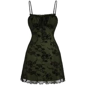 WDIRARA Women's Floral Print Mini Dress Y2K Vintage 90s Goth Mesh Short Cami Dresses Size L, Olive Green