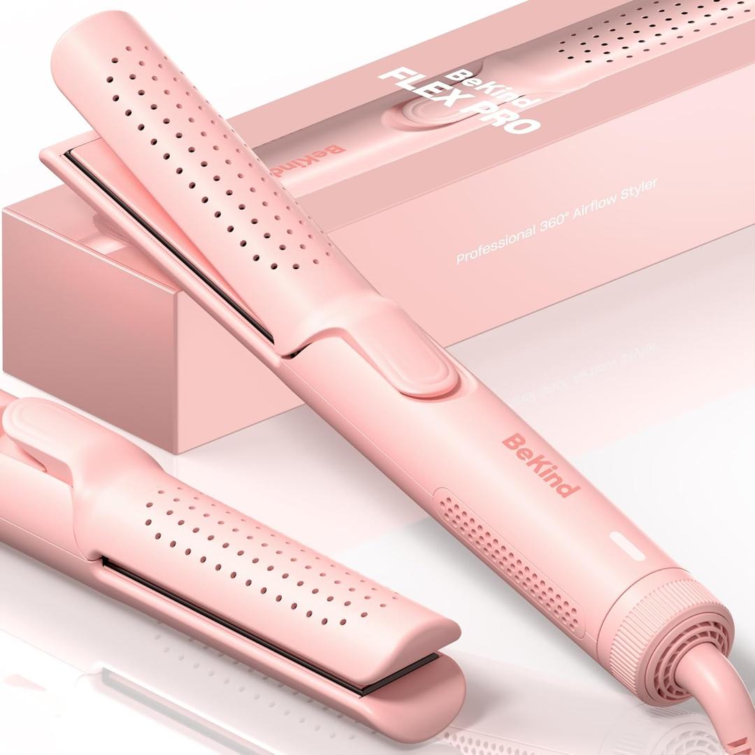 Hair Straightener and Curler 2 in 1 by BeKind Flex, 360 Hair Styler Flat Iron for All Styles, Floating Plates Design, Airflex Lower Temp for Better Styling, Gift for Girls and Women (Peach)