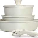 Cuisinluv 5PCS Pots and Pans Set Non Stick, Kitchen Cookware Sets with Detachable Handle, Induction Cookware Sets, Non Stick RV Cookware Cooking Set, Dishwasher  Oven Safe, PFOA Free, Cream White