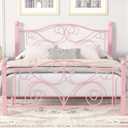 VECELO Queen Size Bed Frame with Headboard and Footboard, Heavy Duty Metal Slat Support, Platform Mattress Foundation, No Box Spring Needed, Easy Assembly, Light Pink