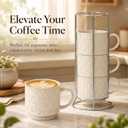 6 Oz Coffee Mugs with Stand, Stackable Ceramic Espresso Cups Set of 4, Embossed Coffee Cups Sets, Porcelain Cappuccino for Latte, Cocoa, Mocha, Tea, Dishwasher Safe, Vintage White