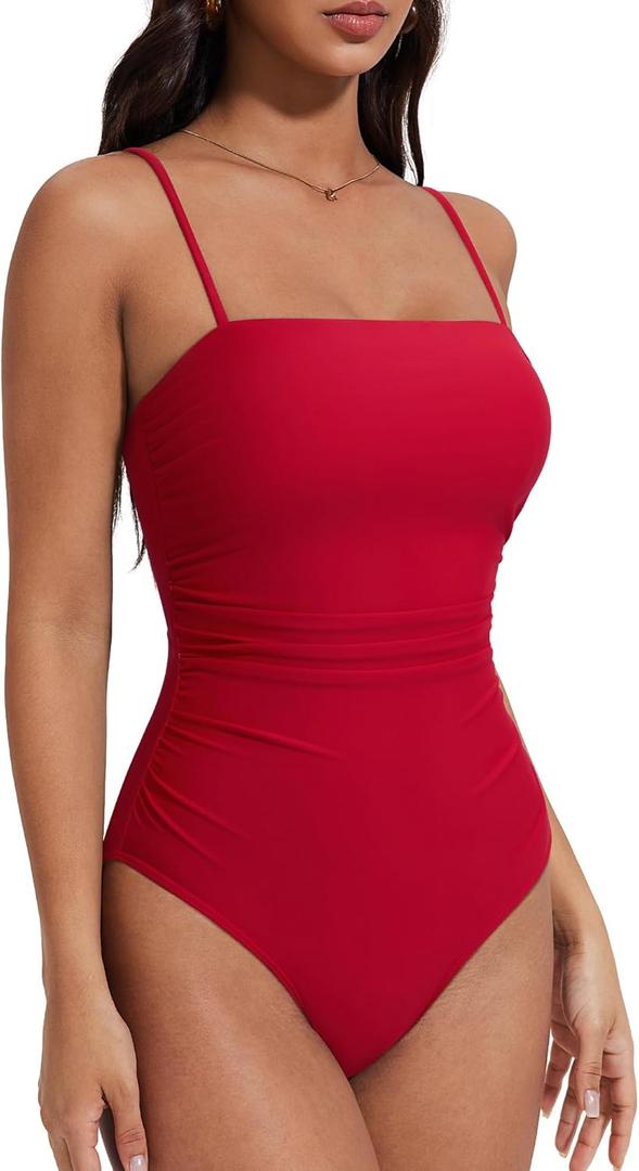 SUUKSESS Women Sexy One Piece Swimsuit Tummy Control Square Neck Bathing Suit Retro Backless Swimwear (Red, XL)