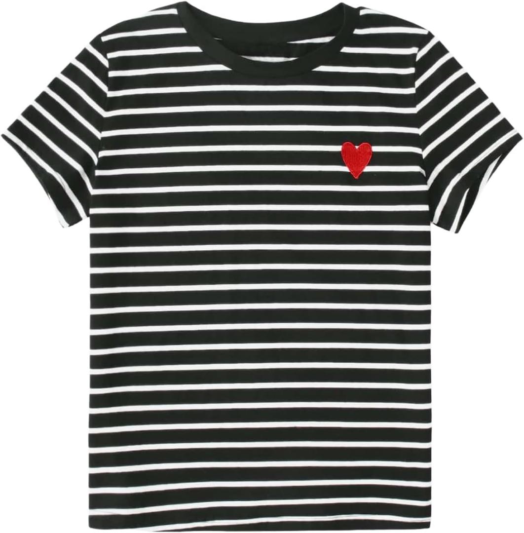 SweatyRocks Women's Heart Striped T Shirt Short Sleeve Shirt Crew Neck Casual Tee Top (Black, M)