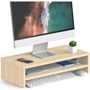 FITUEYES Monitor Stand - 2 Tier Computer Monitor Riser with 21.3 Inch Shelf, Wood Desktop Stand for Laptop Computer Screen, Desk Organization, Office Supplies (Oak)