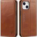 SHIELDON Wallet Case for iPhone 13 5G, Genuine Leather Folio Case Magnetic Shock Absorbing Cover RFID Blocking Credit Card Holder Kickstand Compatible with iPhone 13 6.1" 2021 - Retro Brown