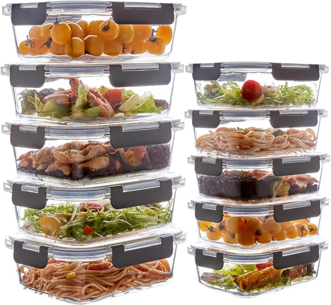 10 Pack Glass Meal Prep Containers, Glass Food Storage Containers with Lids, Reusable Airtight Leakproof Glass Lunch Bento Boxes Freezer, Microwave Oven and Dishwasher, Gray