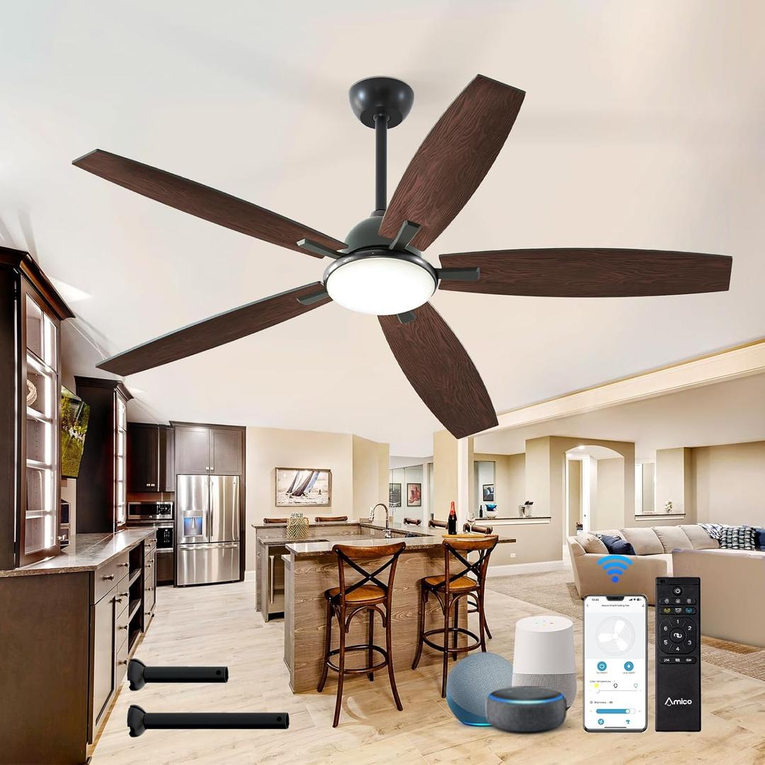 Amico Ceiling Fans with Lights, 60'' Smart Modern Ceiling Fan with Remote Control, Reversible DC Motor, 5 Blades, 6 Speeds, 3CCT, Dimmable, Noiseless, Alexa Ceiling Fan for Bedroom, Kitchen, Farmhouse (60 inch, Black)