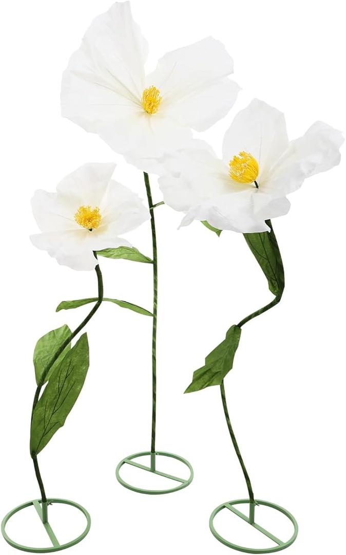 3pcs Giant Artificial Flower Poppy Floor Standing 4.6ft / 5.2ft /5.9 ft, Adjustable for Wedding Decoration Reception, Background Backdrop Photo Props, Shop Window (White)