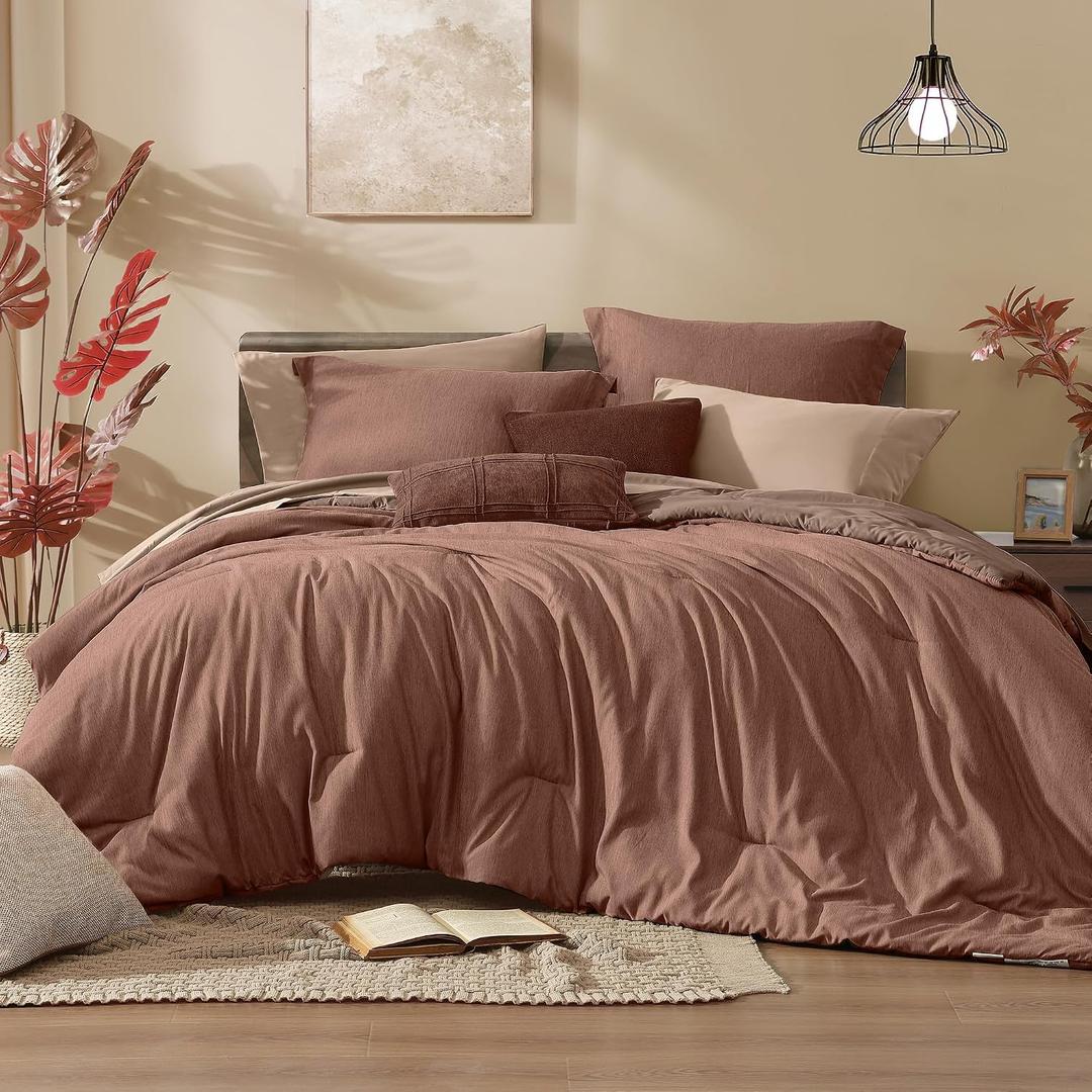 Monbix Queen Comforter Set 7 Pieces Terracotta Cationic Dyeing Bed in a Bag Lightweight Reversible All Season Bedding Sets with Comforter, Sheets, Pillowcases & Shams Amazon's Choice