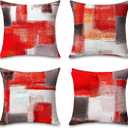 Red and Grey Abstract Art Throw Pillow Covers 4 Packs, 18x18 Inch Gallery Modern Decorative Pillow Cases, Soft Cushion Covers for Sofa Couch Bedroom Living Room Farmhouse Office, Home Decor Red Gray