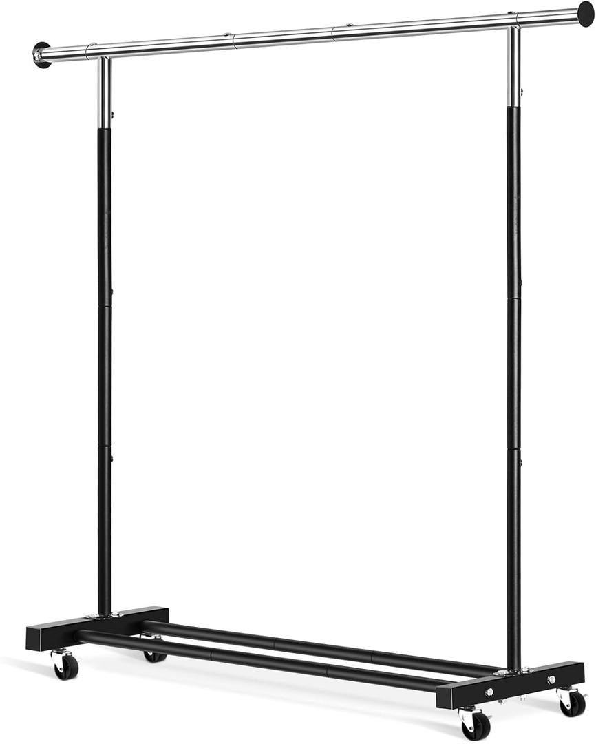 Clothing Rack, 55.51 Inch Heavy Duty Clothes Rack Rolling Garment Rack with Wheels and Bottom Shelf, 130LB Capacity Clothes Racks for Hanging Clothes, Coats, Shirts, Sweaters, Skirts, Black, (Single)