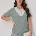 Womens Tops Summer Sweaters Short Sleeve Patchwork V Neck Henley Shirts 2026 Dressy Casual Business Tunic Blouses (Green, M)