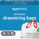 Amazon Basics 13 Gallon Tall Kitchen Drawstring Trash Bags, Unscented, 10% Post Consumer Recycled, 120 Count, White