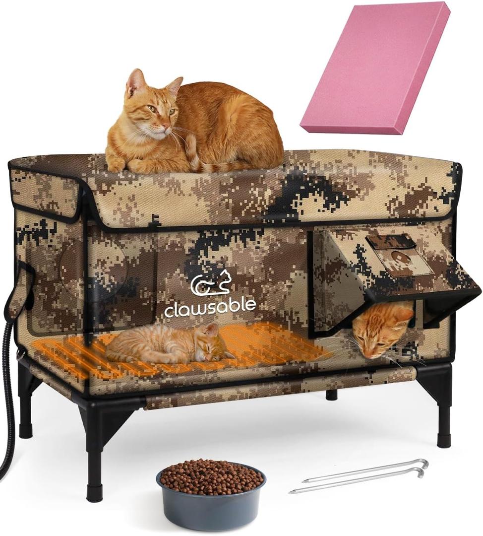 Heated Cat House for Outside Foam Board, Extremely Insulated Outdoor Cat House Escape Door, Weatherproof & Waterproof Awning, Elevated Feral Animal Shelter for Winter